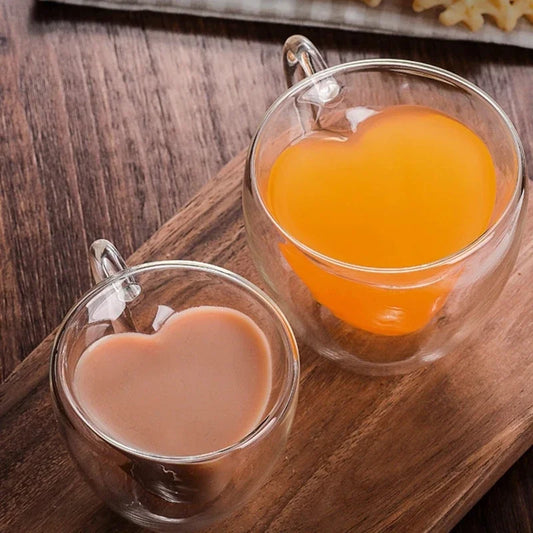 1/2pcs Heart-Shaped Double Layer Glass Cups – Insulated Tea & Coffee Cups with Handle for Latte, Cappuccino, Milk