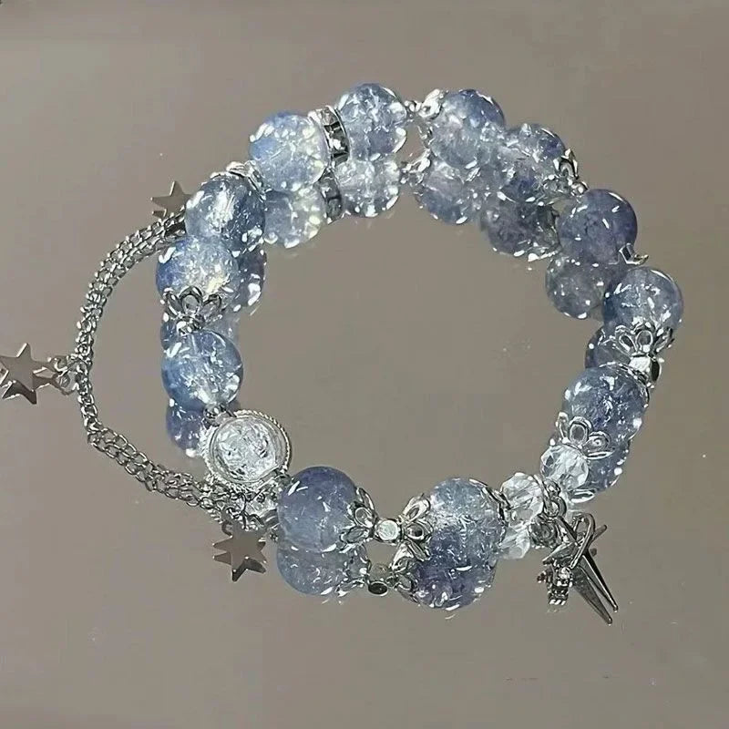 Niche Design Star Chain Tassel Bracelet – Fantasy Blue Crystal Beads Elastic Rope Bracelet for Women