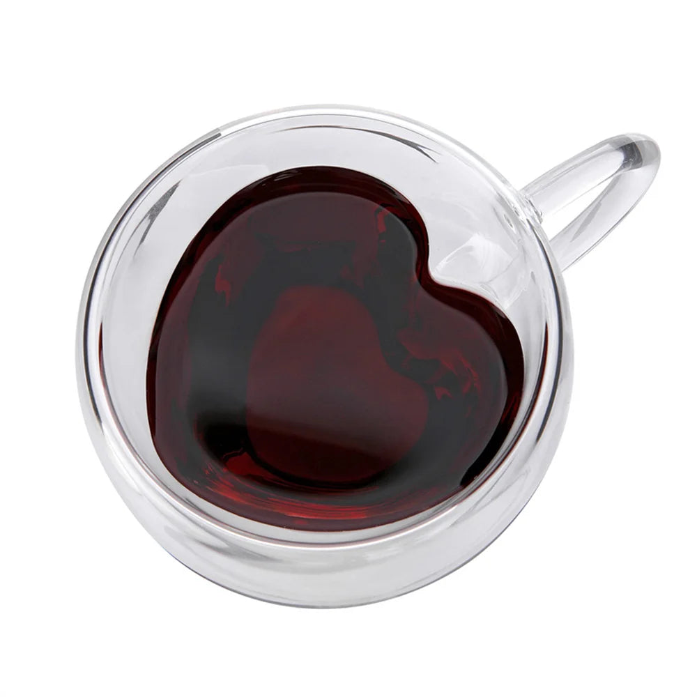 1/2pcs Heart-Shaped Double Layer Glass Cups – Insulated Tea & Coffee Cups with Handle for Latte, Cappuccino, Milk